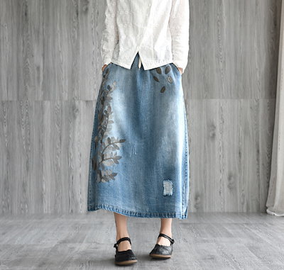 デニムスカート 刺繍柄 Aライン ロングスカート スカートロング 綿 体型カバー ゆったり ボトムス